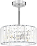 Modern Crystal Chandelier for Dining Room, Chrome Semi Flush Mount Ceiling Light Fixtures, Round Kitchen Hanging Drum Pendant Lights Ceiling, 12” Crystal Pendant Lighting for Foyer Bedroom Living Room