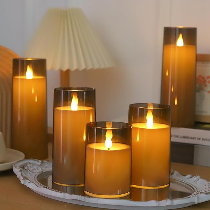 Fo32won Grey LED Flameless Pillar Candles Battery Operated with Remote and Timer, Set of 5 (D 3"×H 4" 5" 6" 8" 8") Decorative Plexiglass Flickering Candles with 3D Flame