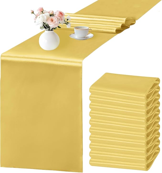 SHEJIZE 10 Pack Light Gold Satin Table Runner 12x108 Inches Long, Bright Silky Smooth Satin Table Runner Table Decor for Wedding Banquet Christmas Prom Event Birthday Party