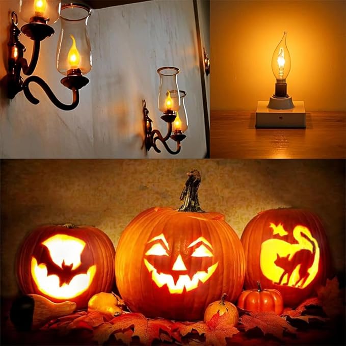 Stereover E12 LED Flickering Flame Decoration Light Bulbs, Stereover Flicker Bulb, E12 Flickering Flame Light Bulbs - Realistic Blaze Effect, Perfect Ambiance for Halloween, Christmas (8 Pack)