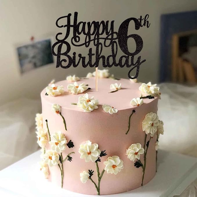 1 PCS Happy 6th Birthday Cake Topper Glitter Cheers to 6 Years Cake Pick Number 6 Fabulous Cake Decoration for 6th Birthday Theme Party Decorations Supplies Black