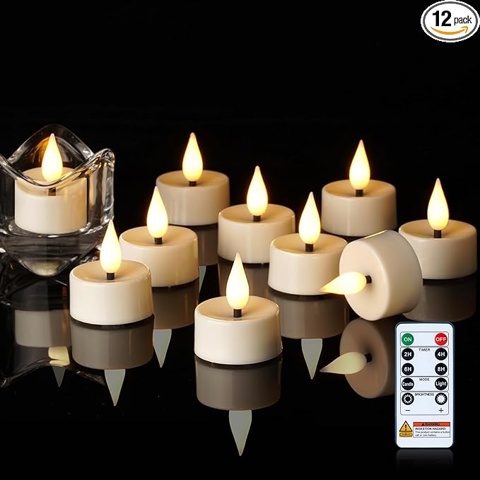 Amagic Flameless Timer Remote Tealights Candles, 3D Black Wick Flickering Tea Lights, 400+Hour White Votive Candles Battery Operated, Set of 12 for Wedding Table Decor, Halloween, Christmas, Holiday