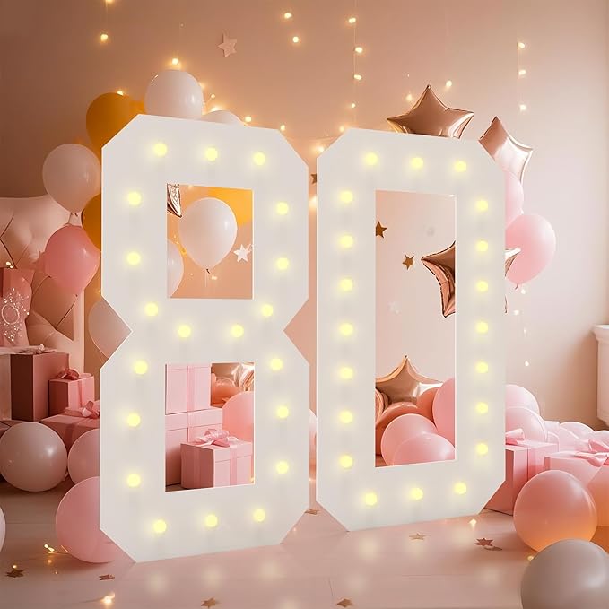 LOBOOM 4FT Light Up Numbers, Marquee Numbers 4 Feet Tall Giant Number 80 Mosaic Big Number Sign for 80th Birthday Party Backdrop Anniversary Decorations, Pre-Cut Large Frame