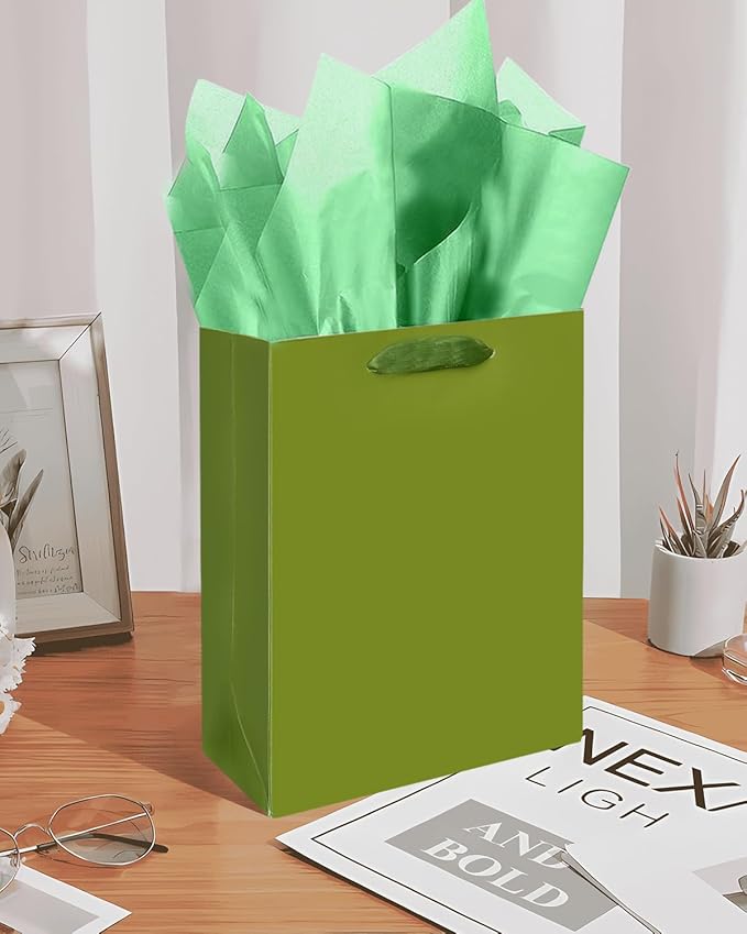 Gcardist Olive Green Gift Bags with Tissue Paper for Wedding, Birthday, Party Supplies-7.9"x4.3"x9.6" Medium Size Cardboard Gift Bags（16pcs Bags +32pcs Tissue Paper ）
