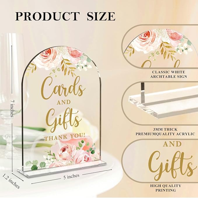 2 Pcs Acrylic Wedding Signs for Reception, Bridal Shower Decorations, Cards and Gifts Signs, Guest Book Sign, Arch Acrylic Table Top Sign with Holder for Wedding Reception (Clear Pink Flowers)