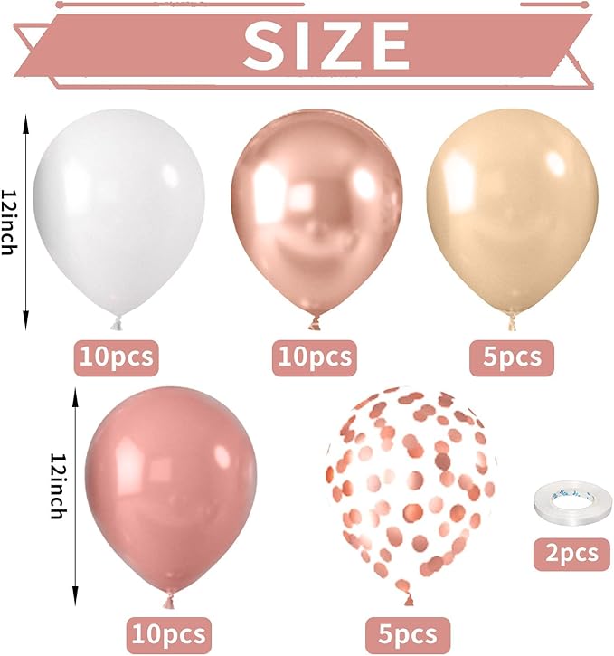 Retro Blush Pink Party Balloons, 52 PCS 12 Inch Metallic Chrome Rose Gold Dusty Pink Maca Orange Beige Latex Balloons with Rose Gold Confetti Balloons for Birthday Wedding Baby Shower Party Decoration
