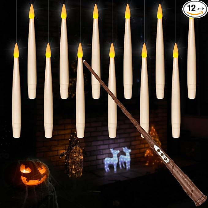 Leejec Floating Candles with Magic Wand Remote(6/18H Timer), 12pcs 6.1" Hanging Flameless Taper Candles, Battery Operated Flickering Warm Light, Halloween Christmas Gift, Wedding Party Decor (Ivory)