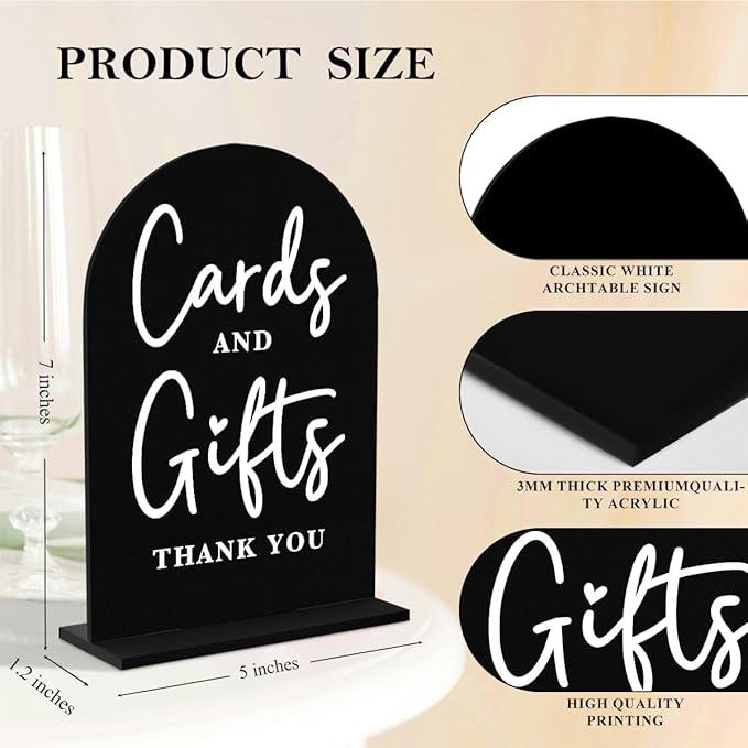 2 Pcs Acrylic Wedding Signs for Ceremony and Reception, Bridal Shower Decorations, Cards and Gifts Signs, Guest Book Sign, Arch Acrylic Table Top Sign with Holder for Wedding Reception (Black)