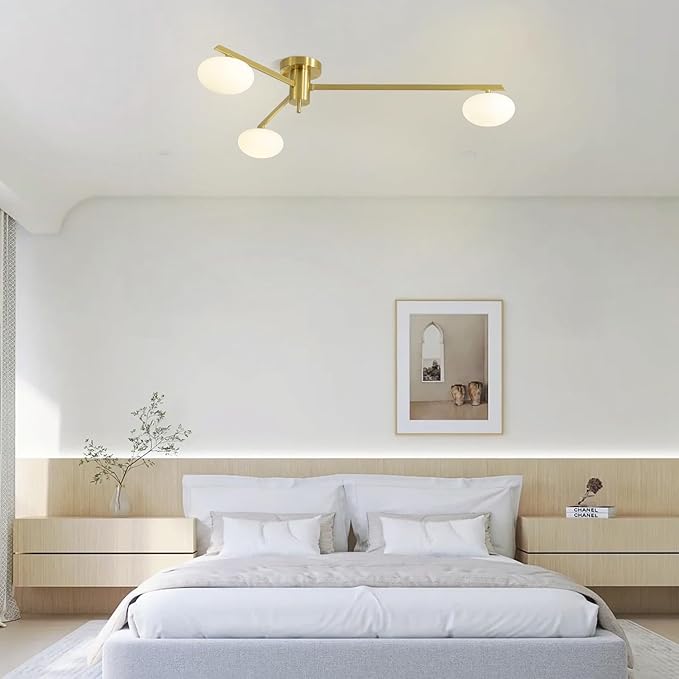 3-Light Gold Semi Flush Mount Ceiling Light,Modern Sputnik Chandelier,Mid Century Industrial Vintage Metal Chandelier for Bedroom Kitchen Dining Room MCL03-GD