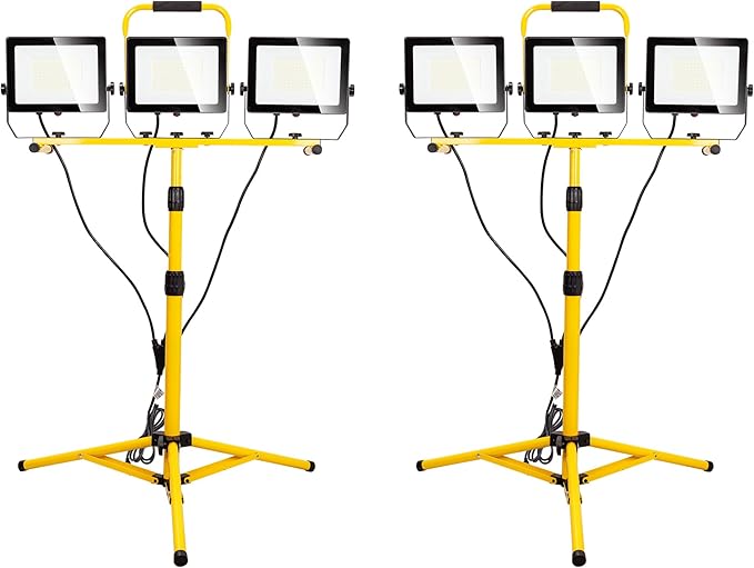 LED Worklights 60000Lumen, 3 Head 600W Work Light, Portable, with Stand, with 13.5FT Cord, IP66 Waterproof, Tripod, for Outdoor Indoor, Construction Site