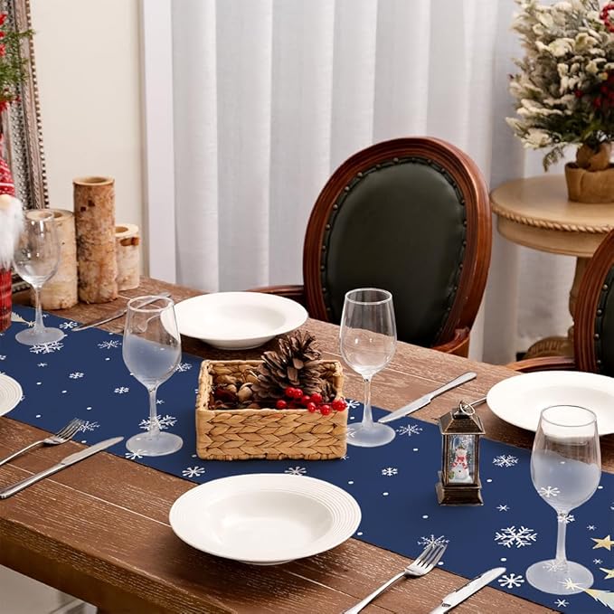 GEEORY Christmas Table Runner 13x48 Inch, Xmas Trees Snowflakes Holiday Decorative Farmhouse Table Decoration for Kitchen Dinning, Indoor Outdoor Dinner Party Decor (Blue) GT151-48