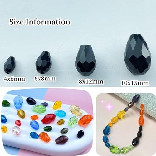 100pcs 8x12mm Teardrop Crystal Glass Beads Vertical Hole Faceted Glass Teardrop Spacer Beads for Bracelets Necklace Earring DIY Jewelry Making Craft(Black)