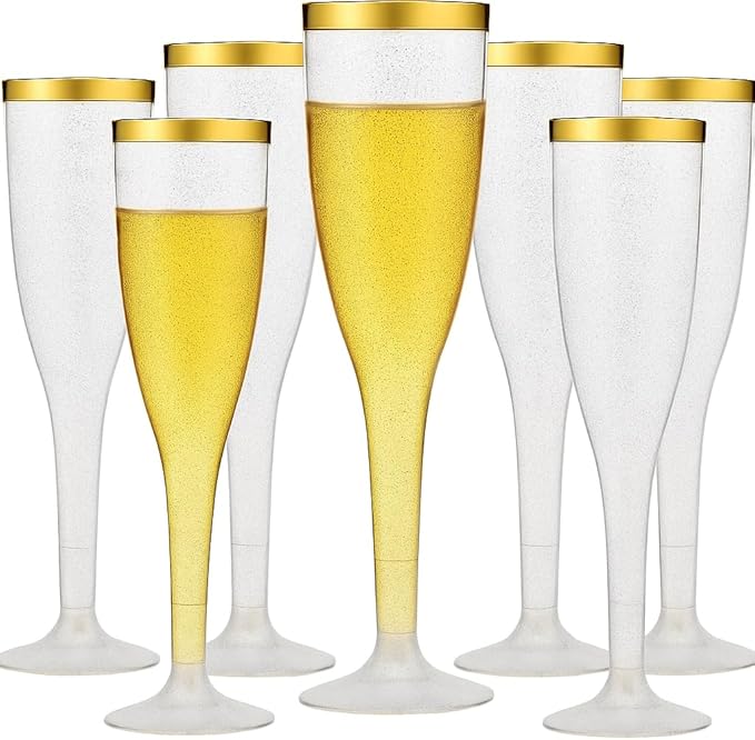Oojami 90 Plastic 6.5 oz Disposable Champagne Flutes Ideal for Toasting Wedding Birthday Baby Showers Mimosa Cocktails Parties, 6.5 Ounces (Gold Glitter With Gold Rim)
