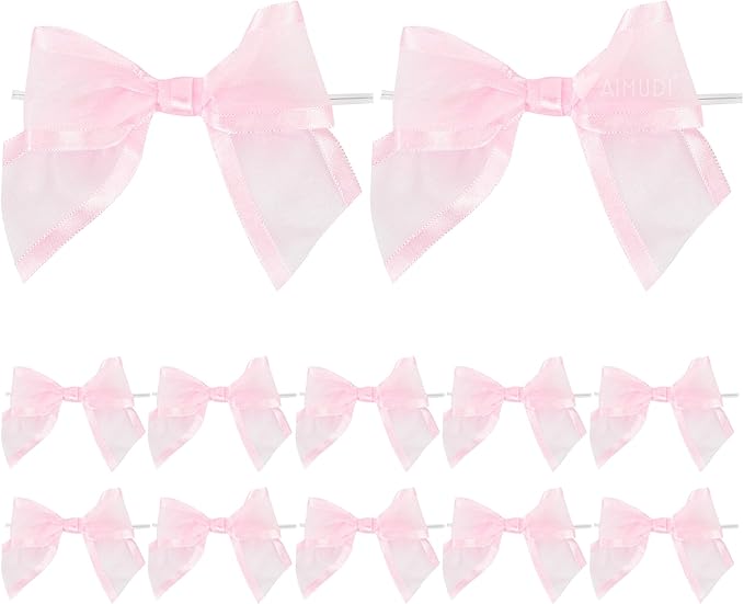 AIMUDI Pink Ribbon Bows 4" Organza Bows Premade Twist Ties Bows for Gift Wrapping Crafts Treat Bags Baskets Cake Pop Baby Shower Birthday Wedding Decor - 12 Counts