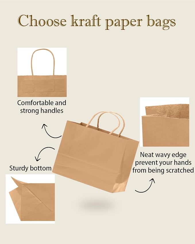 qiqee 13"x4.5"x10" Large Gift Bag with Handles Bulk 100PCS Gift Paper Bags Brown Bags Multiple Uses (Wide Large)