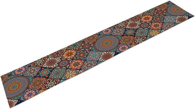 Bohemian Table Runner, Colorful Vintage Indian Mandala Floral Table Runners for Kitchen Dining Coffee Table Indoor Outdoor Party Decor, 13x36inch