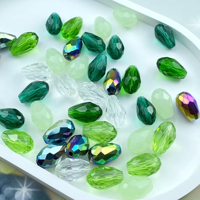 200pcs 3x5mm Teardrop Crystal Glass Beads Vertical Hole Faceted Loose Spacer Beads for DIY Craft Jewelry Making Necklace Bracelet Earring Wind Chimes(Green Series)