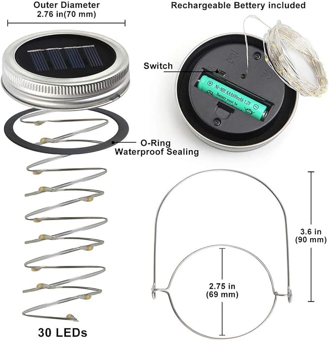 Urvoix Solar Mason Jar Lights - 8 Pack 30 Led Waterproof Jar Lids String Lights with 8 Handle (Jars Not Included), Perfect for Outdoor Garden Backyard Decorations