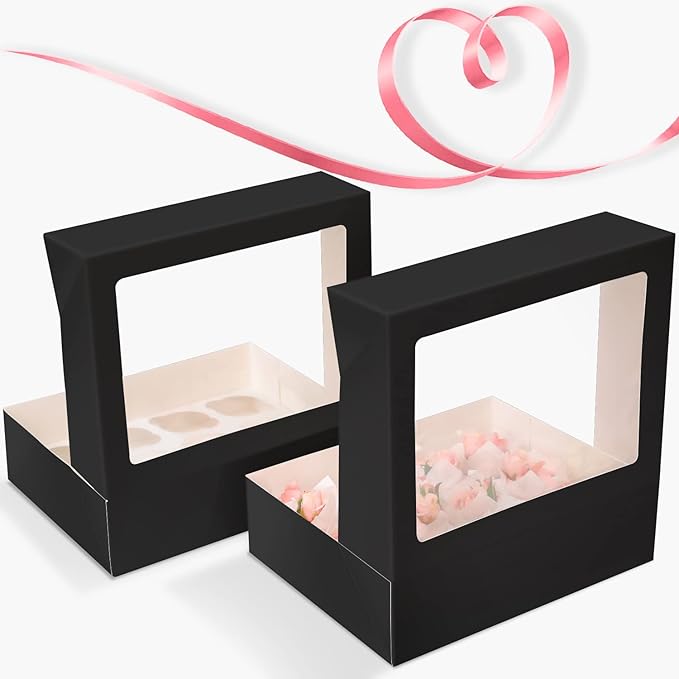 12 Cupcake Containers 10-Packs Black Cupcake Box Cupcakes Carrier, 12 Cupcake Boxes with Window 13"x10"x3.5"（Auto-pop up）