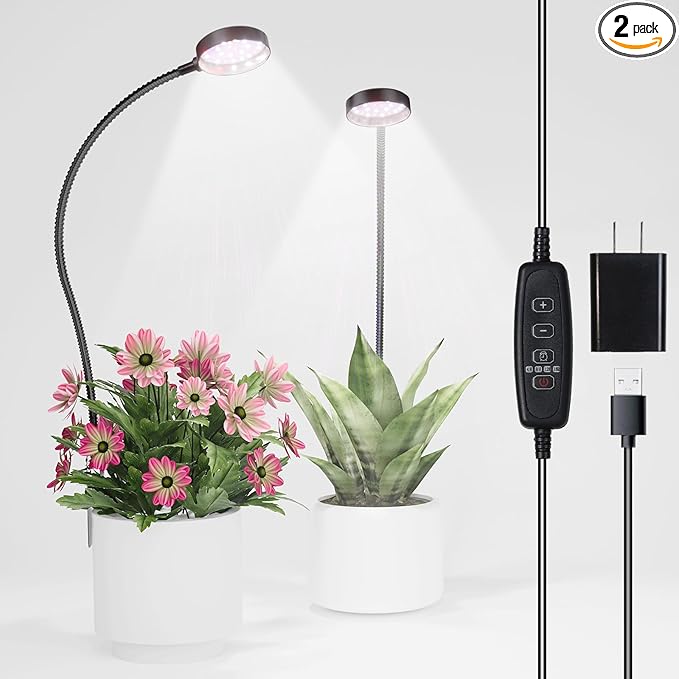 LED Plant Grow Light Clip on, Gooseneck 6000K Full Spectrum Growing Lamp for Indoor Desk Small Pots Plants, Dimmable with Timer 4 8 12 18Hrs 2 Pack