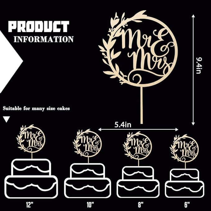 Mr & Mrs Cake Toppers - Engagement & Bridal Shower Cake Picks - Wooden Bride & Groom Decoration