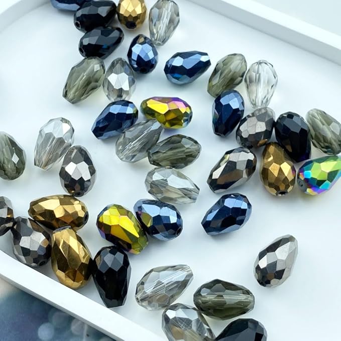 200pcs 4x6mm Teardrop Crystal Glass Beads Vertical Hole Faceted Loose Spacer Beads for DIY Craft Jewelry Making Necklace Bracelet Earring Wind Chimes(Black Series)