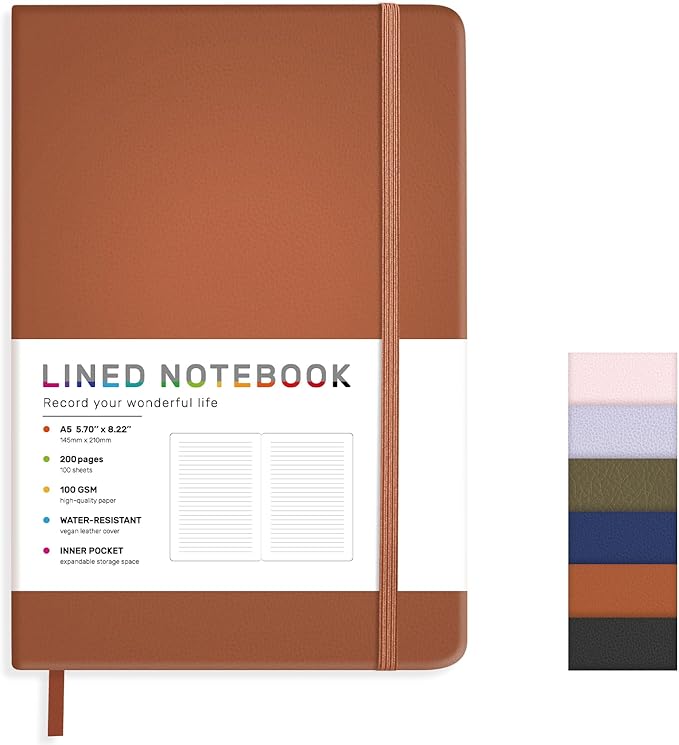Lined Journal Notebook for Women Men, 200 Pages A5 Hardcover Leather Journals 5.7” x 8.3”, A5 College Ruled Notebooks with 100 GSM Thick Paper for Writing,Travel,School,Office,Work,Business(Brown)