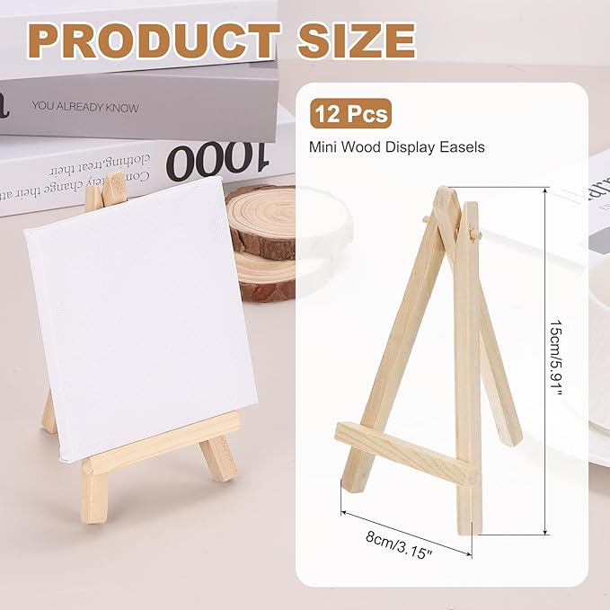MECCANIXITY Mini Wood Display Easels, 5.9"x3.1"A-Frame Painting Tabletop Easels Holder Stand for Artists Beginners Displaying Small Canvases Art Photos Business Cards(Pack of 12, Wood Color)
