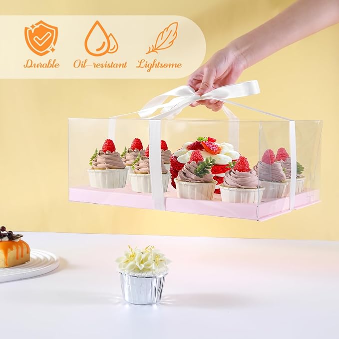 JCD 3 Pcs Pink Cake and Cupcake Combo Bento Boxes with Clear Lid Fit 8 Cupcake and 1 Mini Cake for Valentine Wedding Birthday Party Bakery Supplies(Pink 1+8/3Pcs)