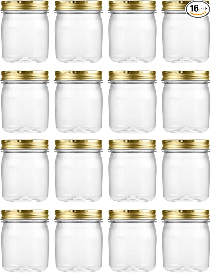novelinks 8 oz Clear Plastic Jars with Screw-On Lids - BPA-Free Refillable Storage Containers for Slime, Spices, Crafts, Kitchen & Home Organization (16 Pack,Gold)