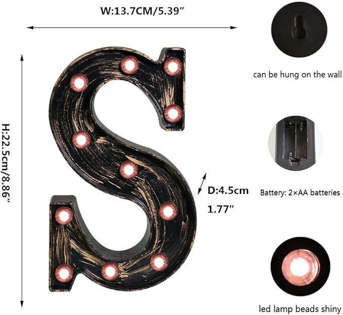 OYCBUZO Golden Black Led Marquee Letter - Industrial, Vintage Style Light Up Alphabet Letter Sign for Cafe Wedding Birthday Party Christmas Lamp Home Bar Initials Decor - S