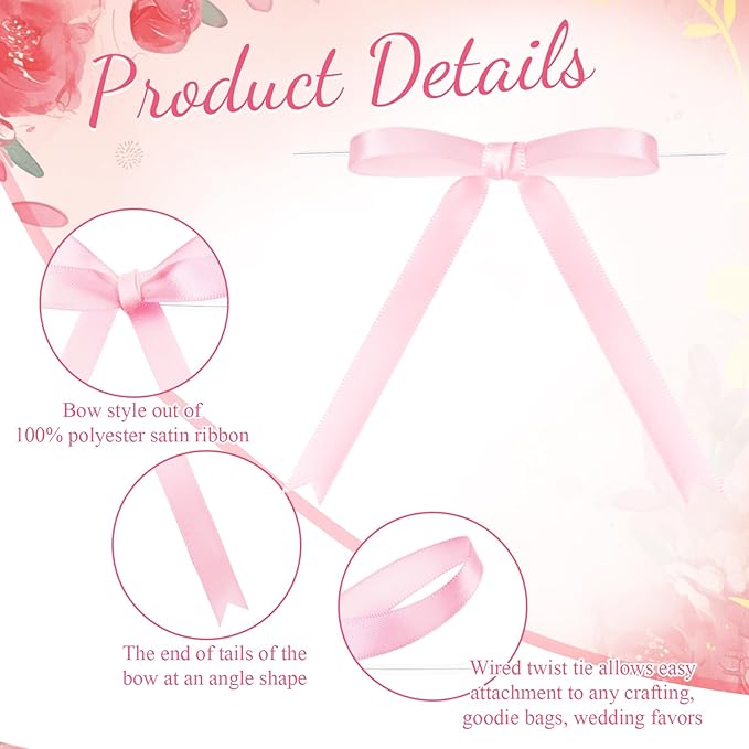 Riceshoot 50 Pcs Twist Tie Bows for Cake 3x4.5 Inch Satin Ribbon Bows for Gift Wrapping Treat Bags Craft DIY Wedding Baby Shower Birthday Party(Pink)