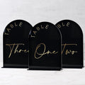 Black Arch Wedding Table Numbers 1-30 with Stands, 5x7 Inch Arch Acrylic Sign Black and Gold Lettering, Arch Acrylic Table Numbers for Wedding Reception