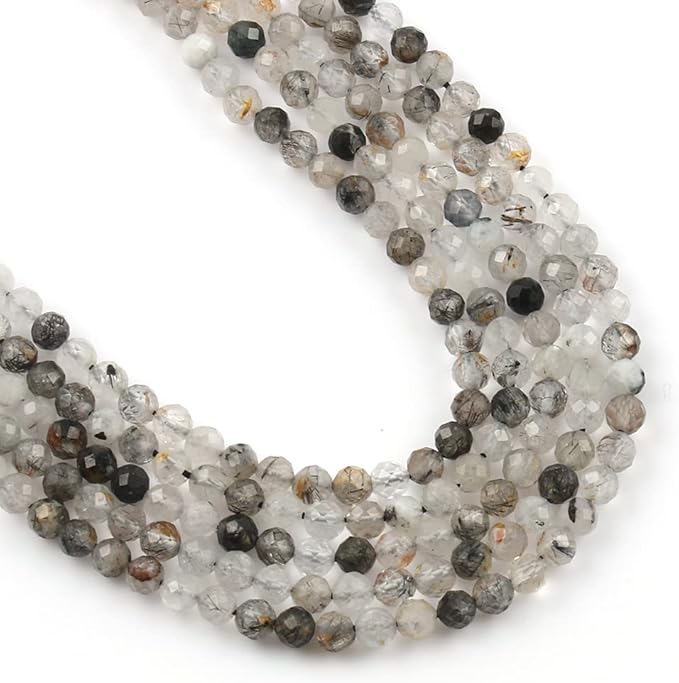 Song Xi 180pcs 2mm Natural Black Rutilated Quartz Gemstone Beads Faceted Round Loose Stone Beads for Jewelry Making
