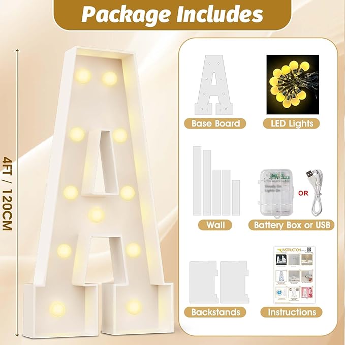 Ledido Marquee Letters 4FT Light Up Letter Marquee Lights Sign, 4 Feet Tall Large Light Up Signs Alphabet Letters Party Lights Decoration for Birthday Graduation Baby Shower Wedding Letter A