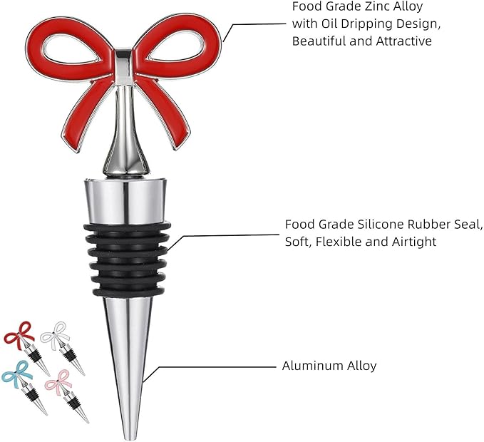 Cute Bow Wine Stopper Set of 4, Decorative Removable Metal Wine Bottle Stopper, Reusable Vacuum Bottle Corks with Silicone for Women, Gift, Christmas, Holiday Party - Silver