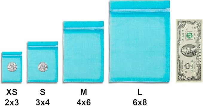 TheDisplayGuys 100-Pack XS 2" x 2 3/4" Turquoise Blue Sheer Organza Gift Bags with Drawstring, Jewelry Candy Treat Wedding Party Favors Mesh Pouch