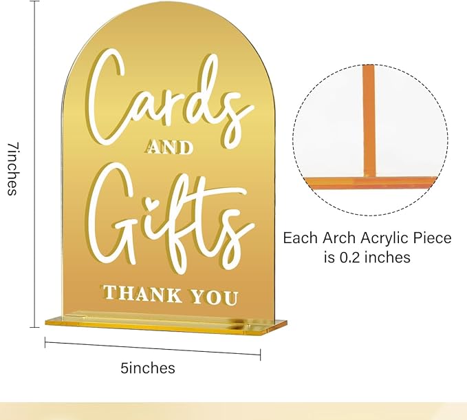 Acrylic Wedding Sign, Bridal Shower Decorations, Cards and Gifts Sign for Ceremony, Modern Font Table Signs, Gold Mirror Arched Acrylic Tabletop Signs for Wedding Reception and Event Party