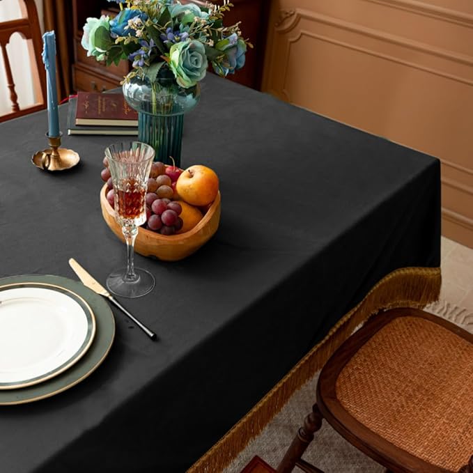 F-CHU Luxury Black Tablecloth Thickset Velvet Tablecloth with Beautiful Gold Tassels Table Cloth for Home Decor Wedding, Party, Banquet and Events 60x102-Inch