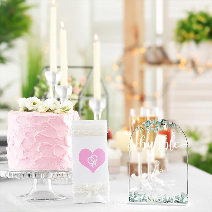 Acrylic Wedding Sign Bubble Send Off Signs for Ceremony Modern Calligraphy Arch Acrylic Table Top Signs for Wedding Reception and Event Party Table Decor (Eucalyptus Leaves)