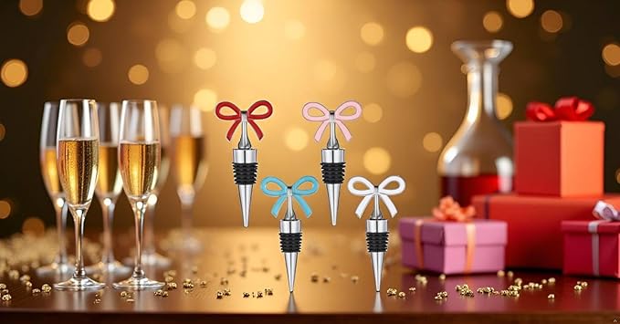 Cute Bow Wine Stopper Set of 4, Decorative Removable Metal Wine Bottle Stopper, Reusable Vacuum Bottle Corks with Silicone for Women, Gift, Christmas, Holiday Party - Silver