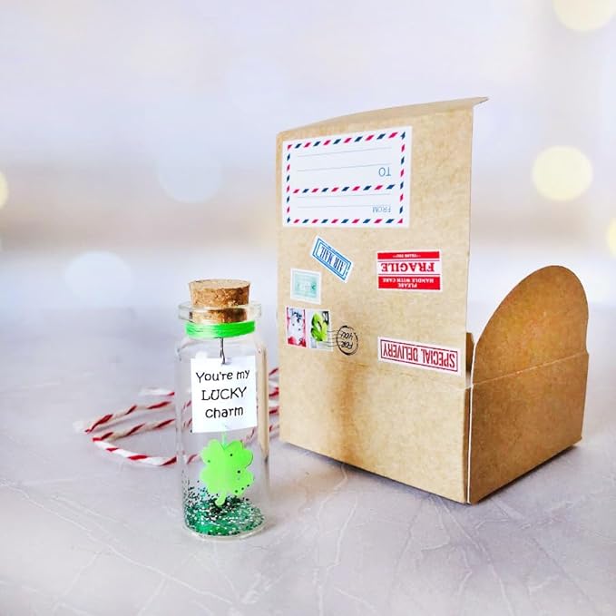 Kseniya Revta Inspirational Message in a Bottle Gift Idea - Classy Gifts for Friends and Family - Unique Boyfriend Girlfriend Presents (Green Clover - You're My Lucky Charm, in Craft Gift Box)