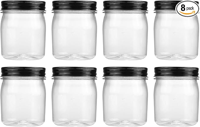 novelinks 8 oz Clear Plastic Jars with Screw-On Lids - BPA-Free Refillable Storage Containers for Slime, Spices, Crafts, Kitchen & Home Organization (8 Pack,Black)