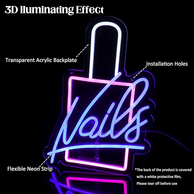 Nails Neon Sign LED Neon Light Signs Nail Polish Light Up Signs for Wall Decor Colorful Acrylic LED Wall Sign Pink Neon Lights for Bedroom Beauty Room Girly Room Nails Salon Decor