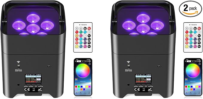 9600mAh Wireless Uplights, 6x18W RGBWA UV Rechargeable Stage Lights, APP/DMX512/Remote Controlled Par Lights, Battery Powered Uplights for Show, Party, Festival, Event, 2 Pack