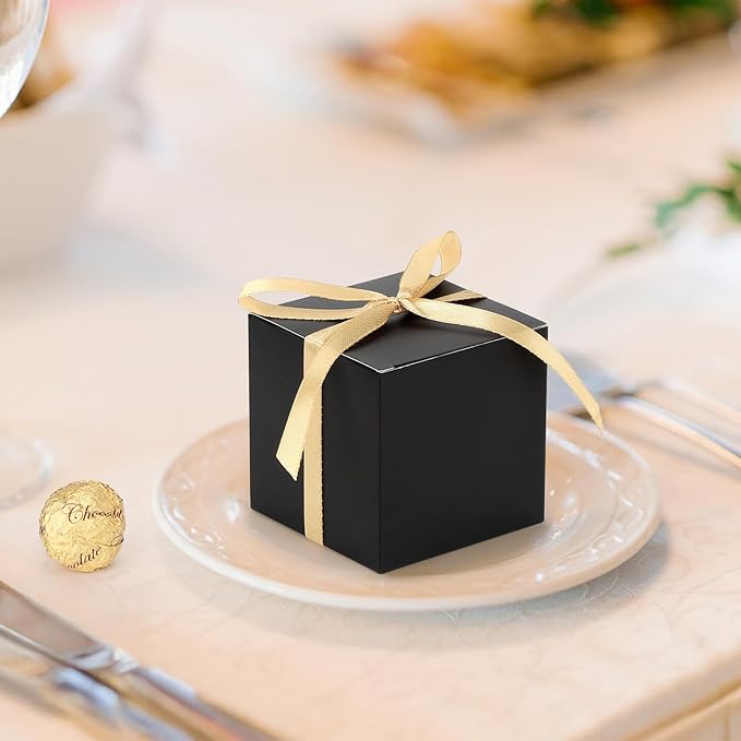 EUSOAR Candy Boxes Party Favors, 30pcs 3x3x3 Inches Black Gift Boxes Mini Bakery Cookies Box with Gold Ribbon, Square Paper Chocolate Containers for Wedding Birthday Bridal Party Favor Decoration