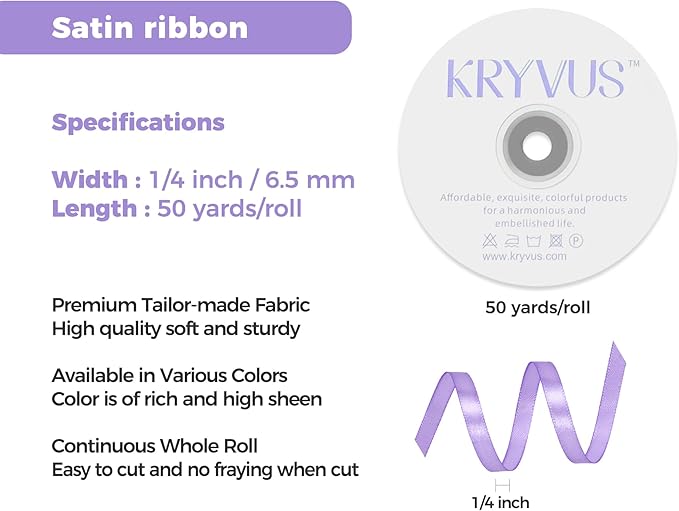 Light Purple Satin Ribbon 1/4 inch X Continuous 50 Yards, Single Face Polyester Ribbon Perfect for Gift Wrapping, Flower Bouquet, Wedding Decor, Crafts, Bow Making, Sewing and More