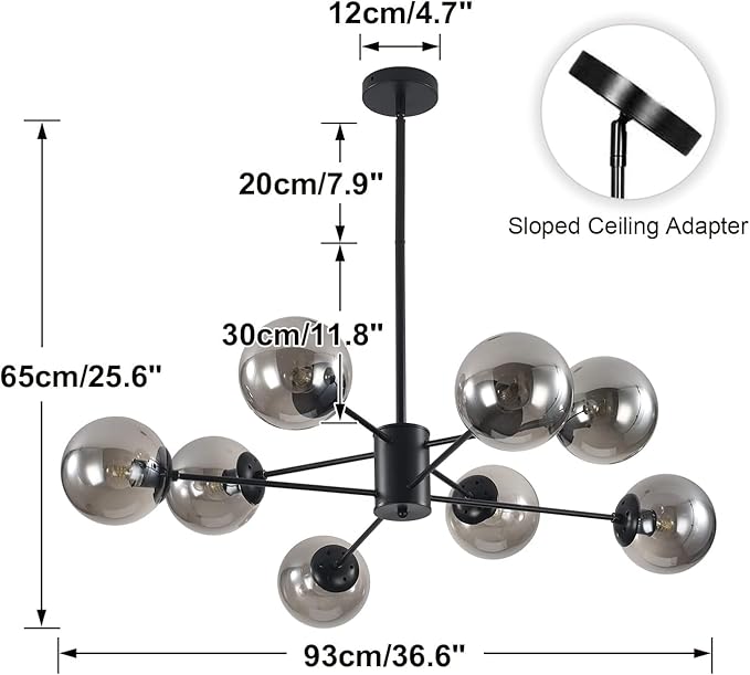 KCO Lighting Modern Glass Globe Sputnik Chandelier 8-Light Mid Century Black Sputnik Chandelier Pendant Light Fixture Farmhouse Industrial Chandelier Light Fixture (Black+Smoke Grey)