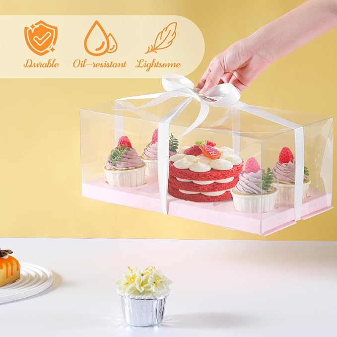 JCD 3Pcs Pink 1+4 Bento Box with Clear Window Bento Cake Boxes Combo Fit 4 Cupcake and 1 Mini Cake for Valentine Wedding Birthday Party Bakery Supplies(Pink 1+4/3Pcs)
