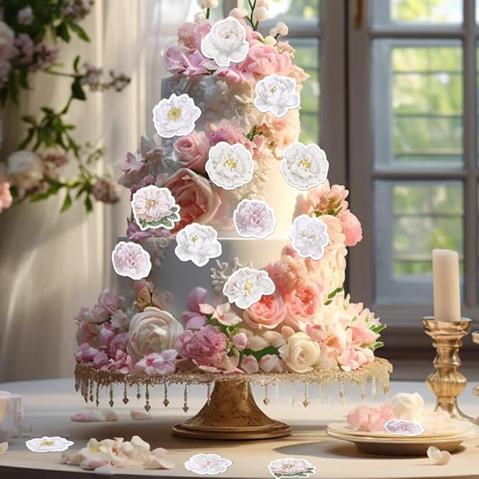 48PCS Edible Rose Flowers Cupcake Toppers Edible White Rose Flowers Cupcake Decor Wafer Paper Wedding Flowers Cupcake Picks for Flowers Theme Engagement Birthday Party Decor Supplies